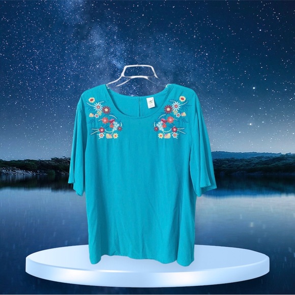 This & That Women’s Teal Floral Embroidered Shortsleeved Free-flowing Blouse - Picture 9 of 14